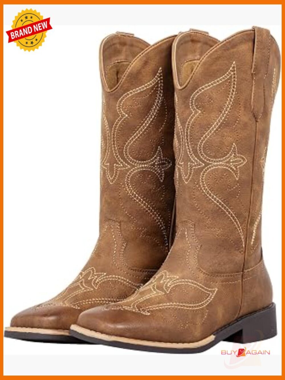 Square Toe Mid-Calf Western Cowgirl Boots with Embroidery